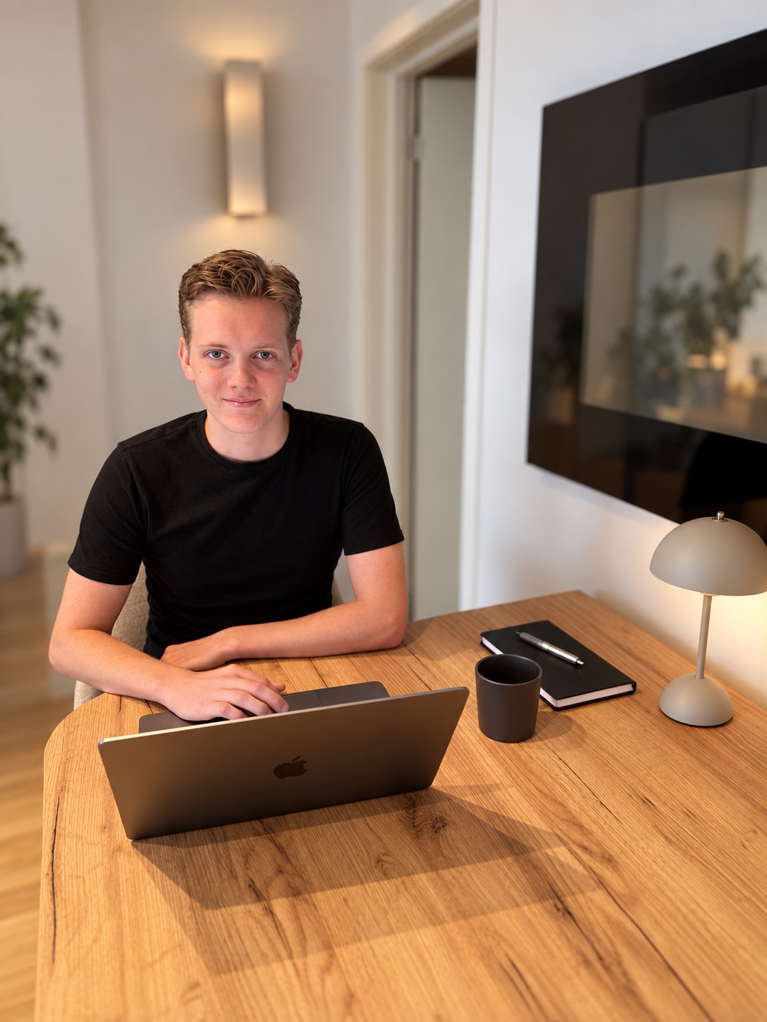 Gustav Iversen arbeider med planlegging og utvikling av nettside ved laptop